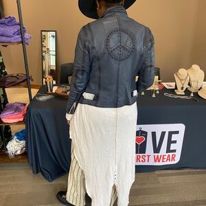 Mauritius Navy Leather Jacket with Peace Emblem